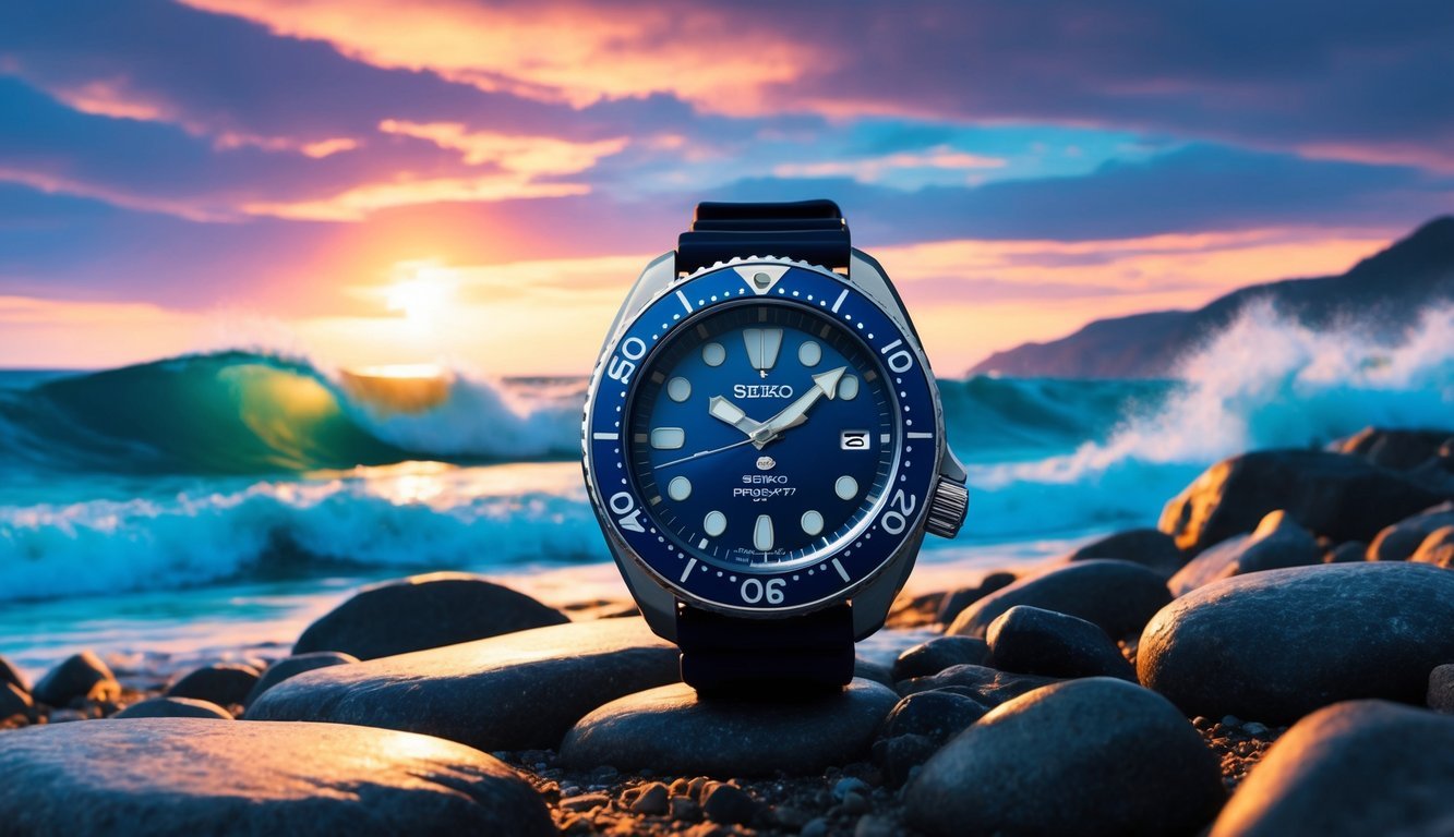 A Seiko Prospex SRP777 dive watch resting on a rocky ocean shore, with crashing waves and a vibrant sunset in the background