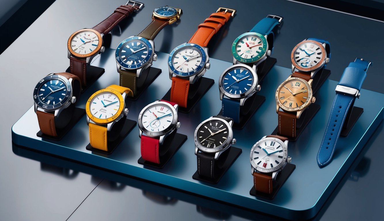 A colorful array of stylish watches displayed on a sleek modern surface, showcasing a variety of designs and features to suit different personal styles