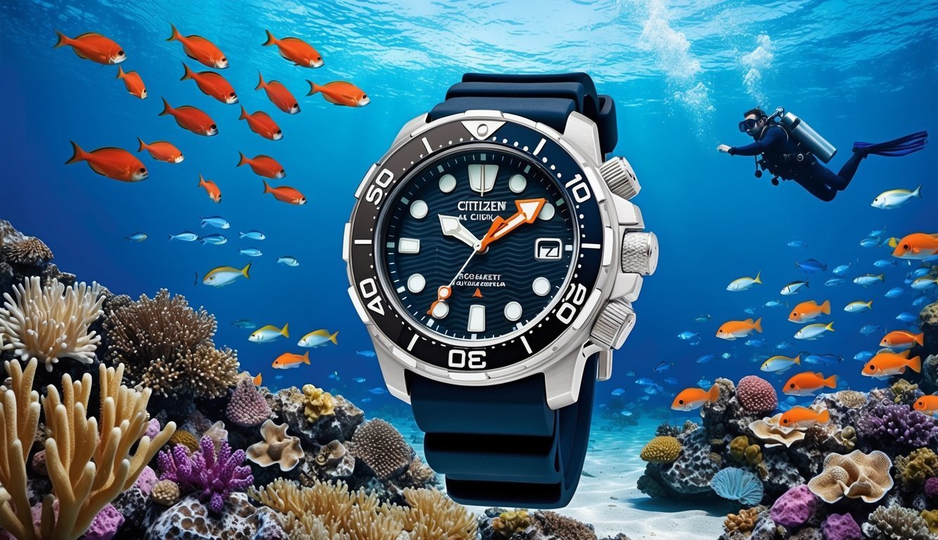 A rugged Citizen Promaster Diver watch submerged in crystal-clear ocean water, surrounded by colorful coral and schools of tropical fish
