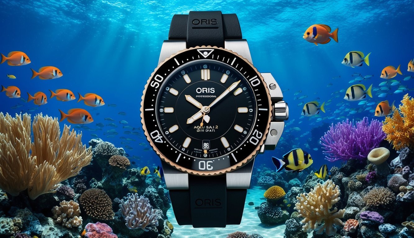 A rugged Oris Aquis Date dive watch submerged in crystal-clear ocean water, surrounded by colorful coral and schools of tropical fish