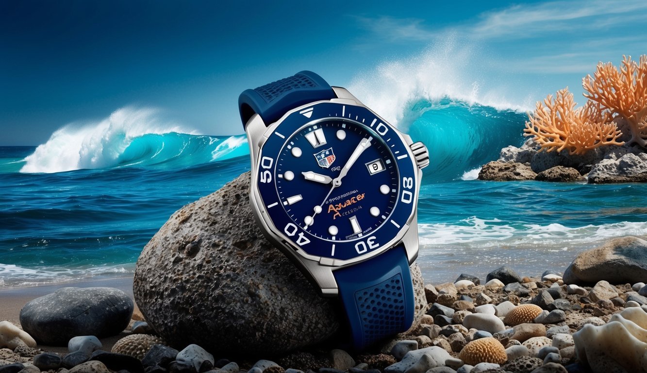A Tag Heuer Aquaracer watch resting on a rocky ocean shore, with crashing waves and a vibrant coral reef in the background