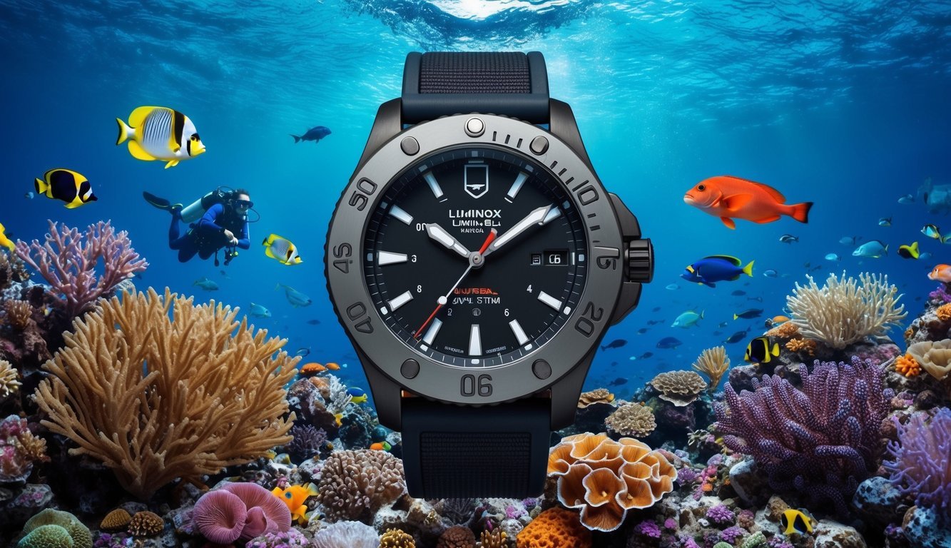 A rugged Luminox Navy Seal dive watch submerged in crystal-clear ocean water, surrounded by colorful coral and marine life