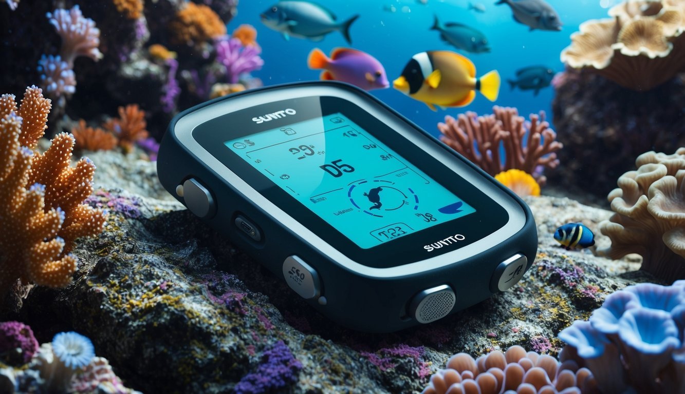 A Suunto D5 Dive Computer resting on a rocky ocean floor, surrounded by colorful coral and a variety of marine life