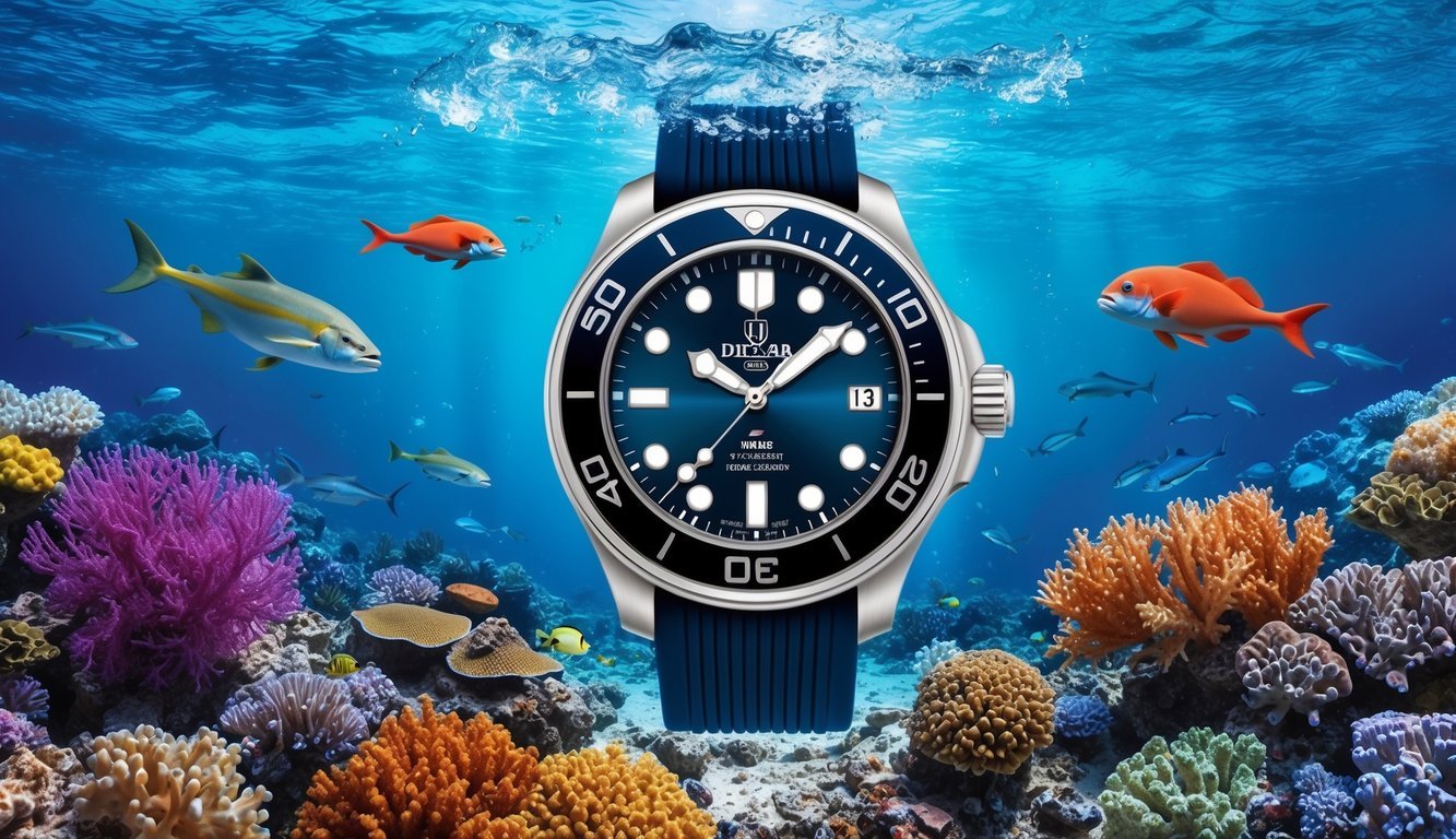 A sturdy dive watch submerged in crystal-clear ocean water, surrounded by colorful coral and swimming marine life