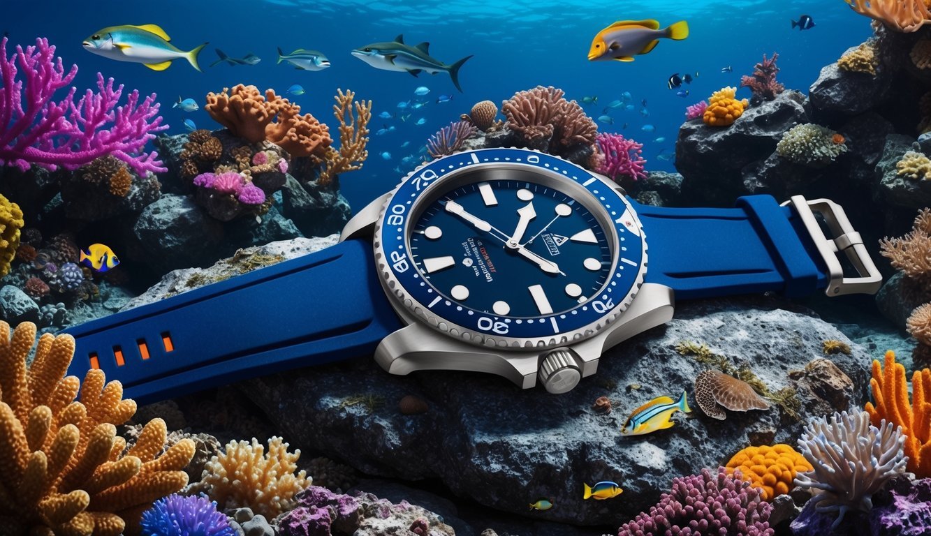 A dive watch lying on a rocky ocean floor, surrounded by colorful coral and a variety of marine life