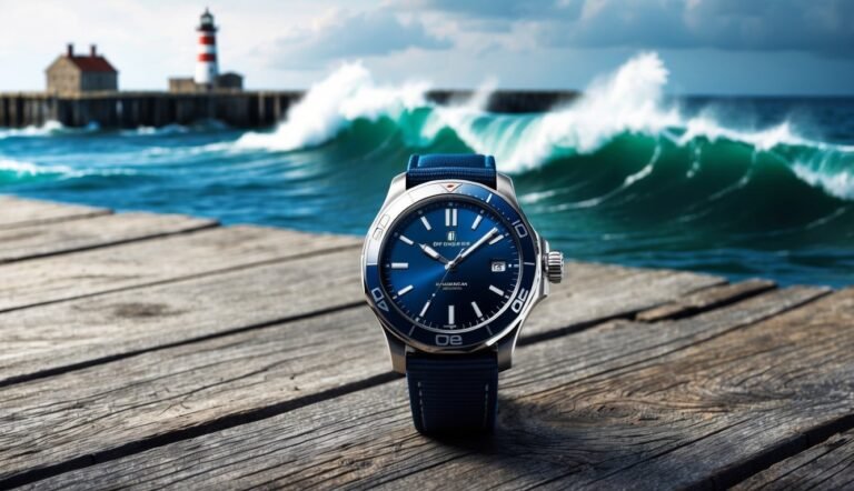 Blue watch on wooden dock with lighthouse and ocean waves