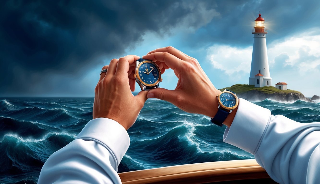 A sailor's hand adjusting a nautical watch on a stormy sea with a lighthouse in the background