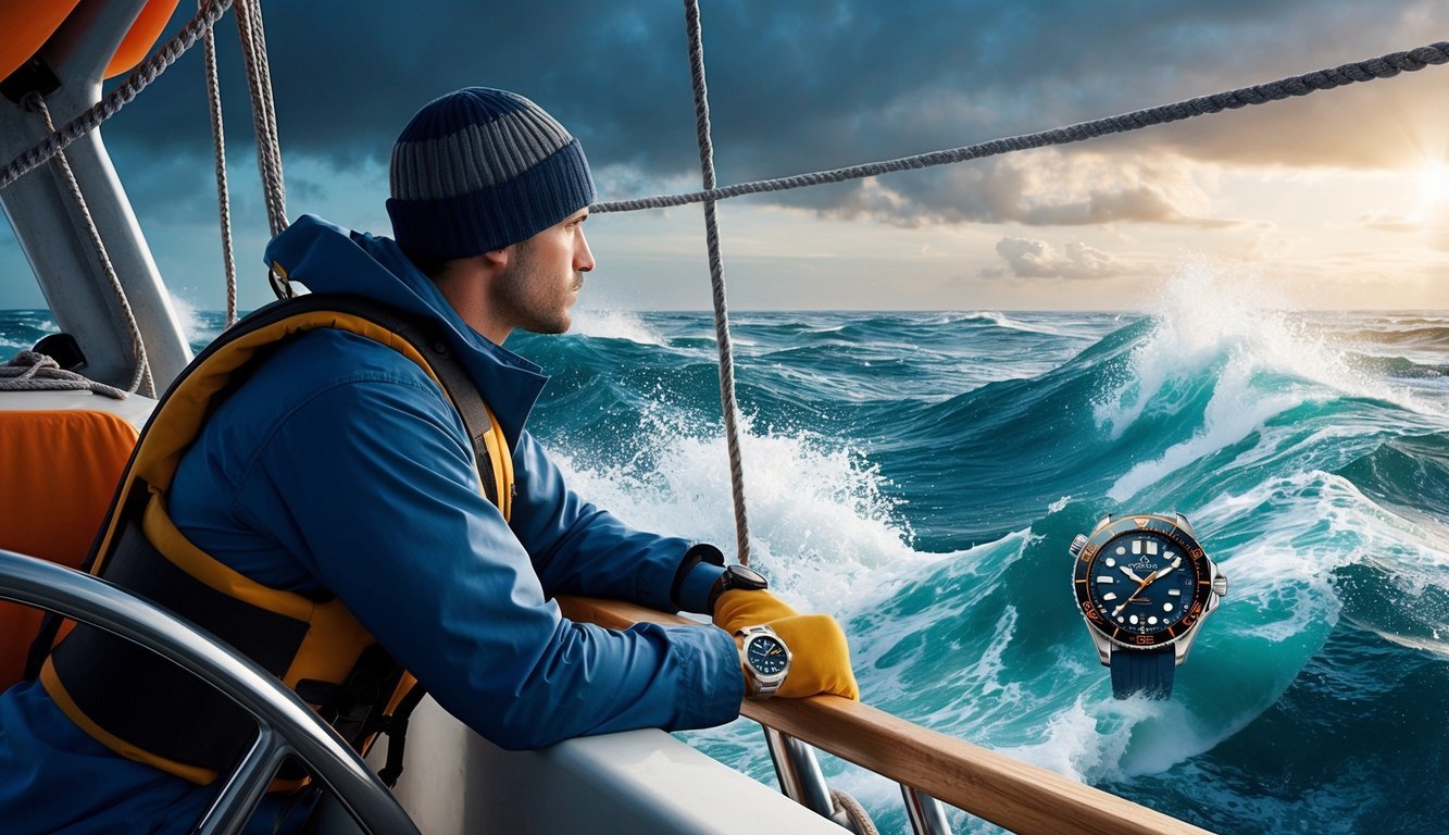 A rugged sailor navigating choppy seas, relying on the precise timekeeping of an Omega Seamaster Diver 300M
