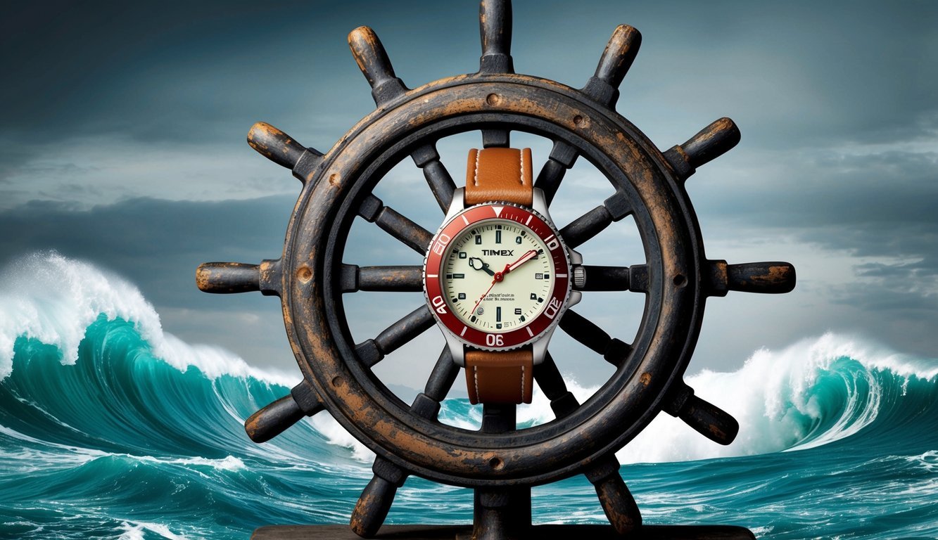 A rugged Timex Ironman Classic 30 nautical watch strapped to a weathered ship's wheel, with crashing waves in the background