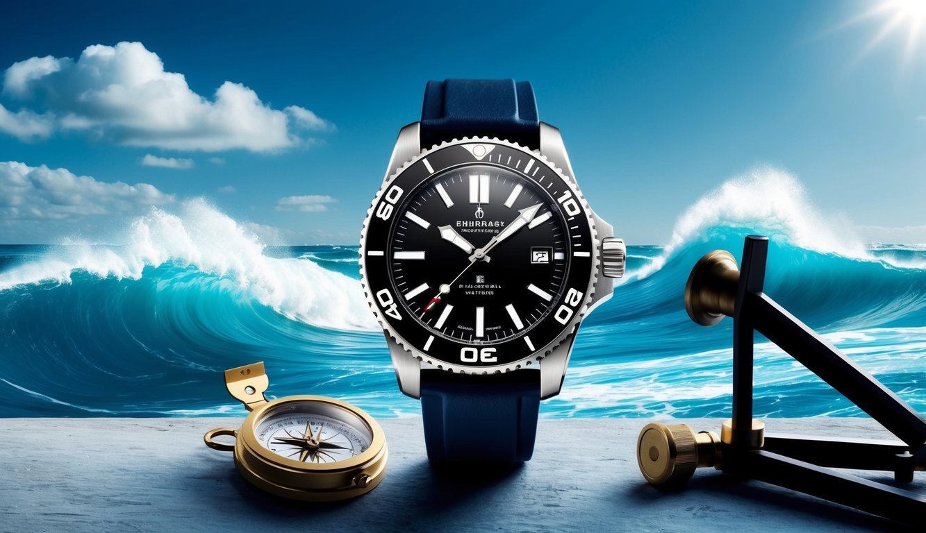 A rugged, stainless steel nautical watch, set against a backdrop of rolling waves and a clear blue sky, with a compass and a sextant nearby