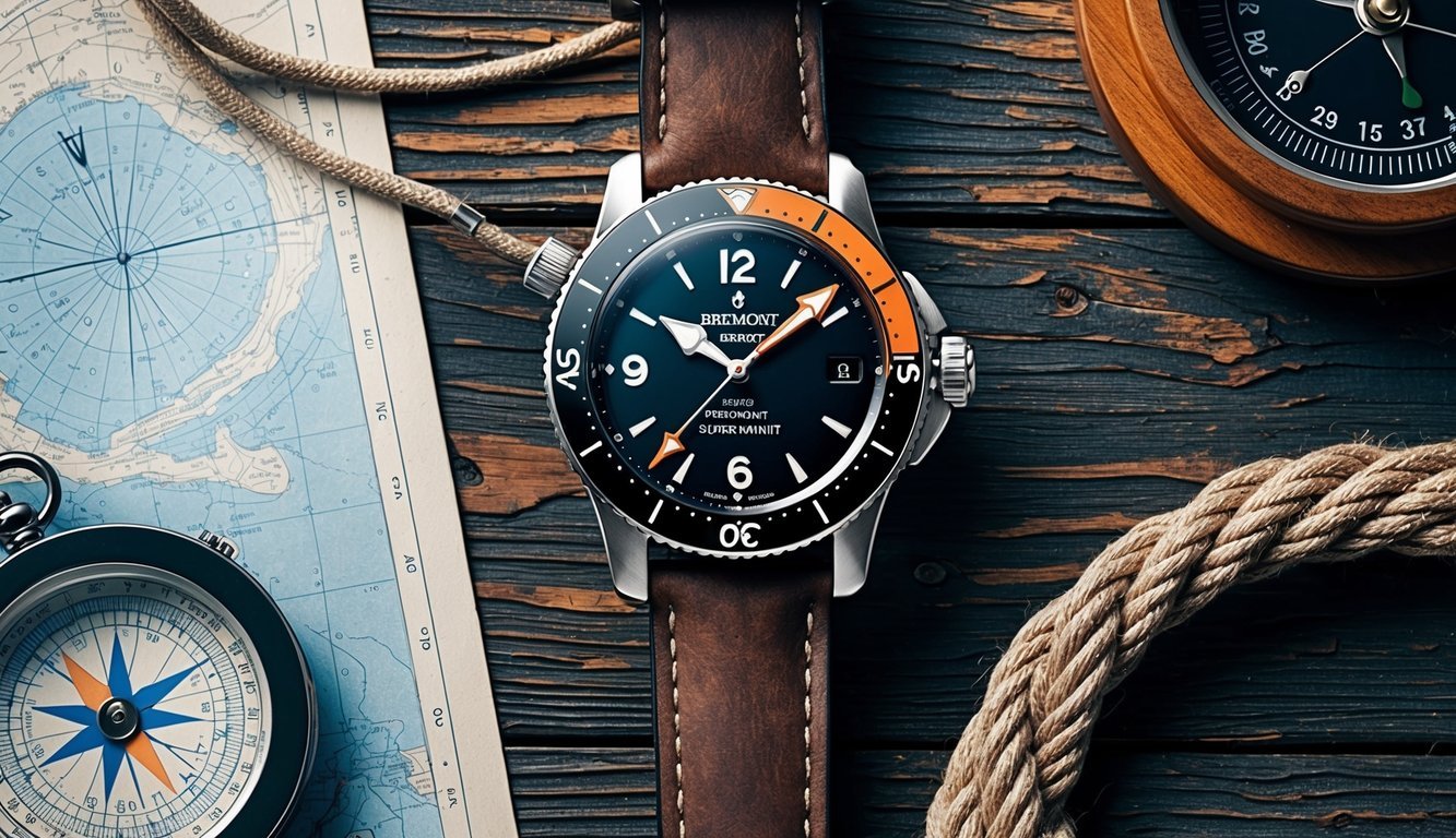 A rugged Bremont Supermarine watch on a weathered wooden deck, surrounded by nautical charts, compass, and rope coils