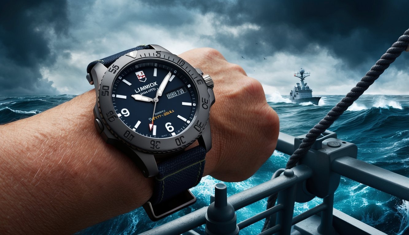 A sailor navigates through stormy seas, wearing a rugged Luminox Navy SEAL watch on their wrist