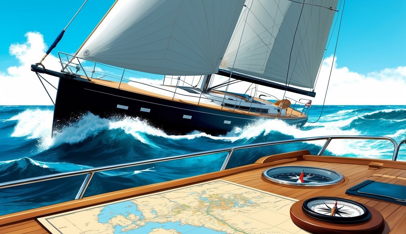 A sailboat cutting through choppy waves under a bright, blue sky, with a compass and nautical map on the deck