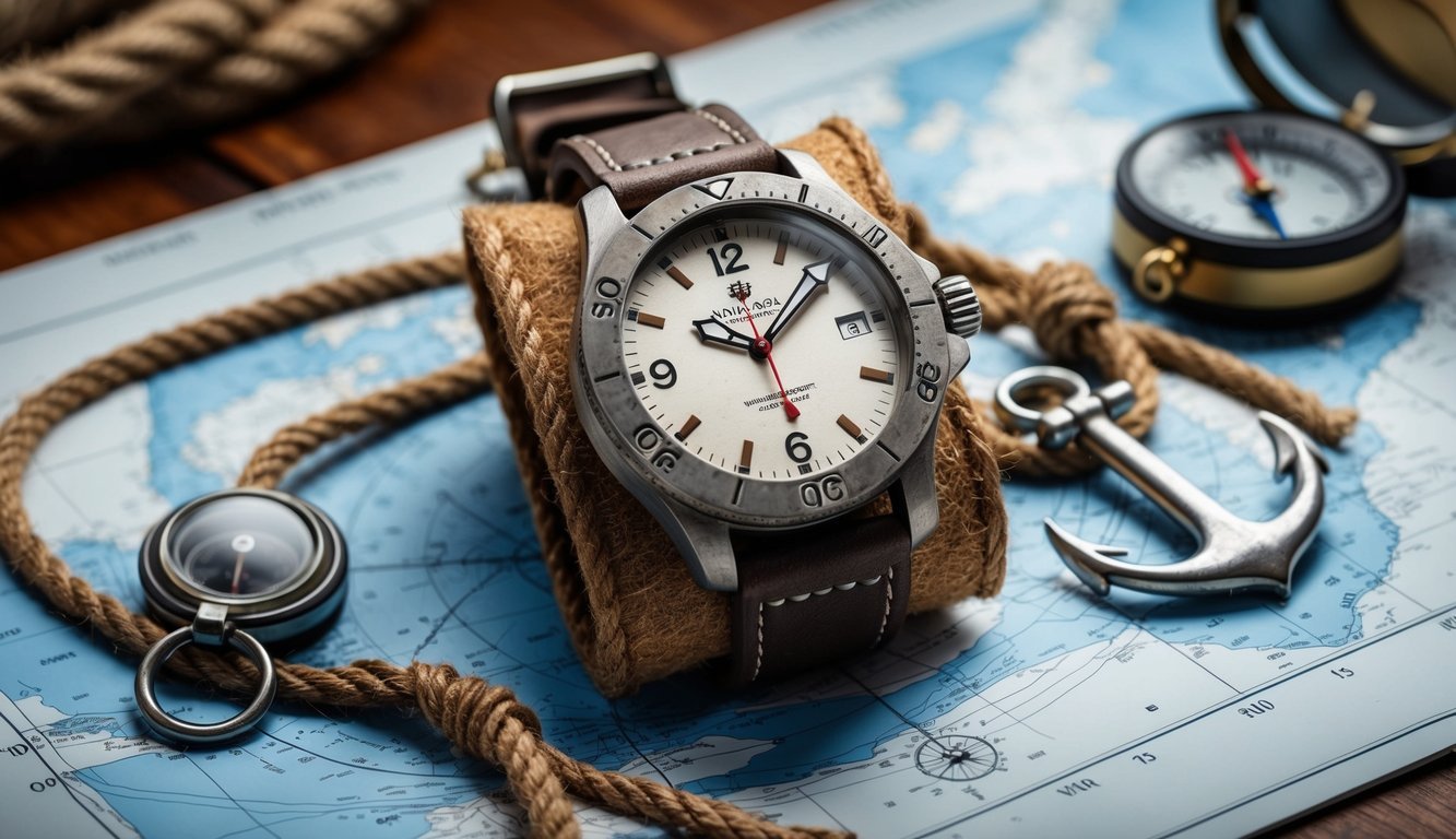 A rugged, weathered watch sits atop a nautical chart, surrounded by compass, rope, and anchor, evoking a sense of seafaring exploration and adventure