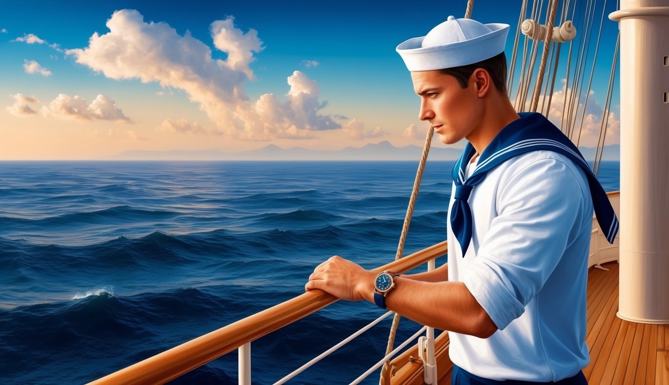 A sailor checks the time on a reliable nautical watch while standing on the deck of a ship