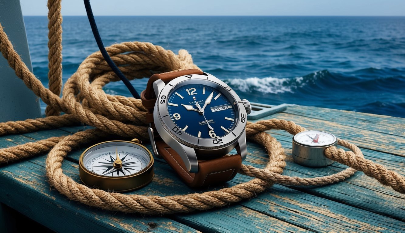 A reliable nautical watch sits on a weathered wooden deck, surrounded by coiled ropes and a compass, with the ocean stretching out in the background
