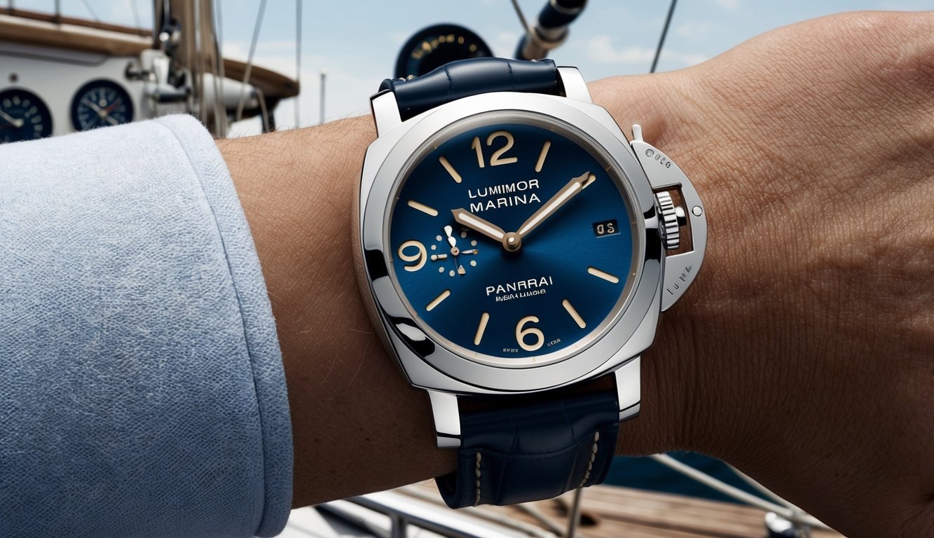 A Panerai Luminor Marina watch on a sailor's wrist, with a backdrop of a sailing yacht and nautical instruments
