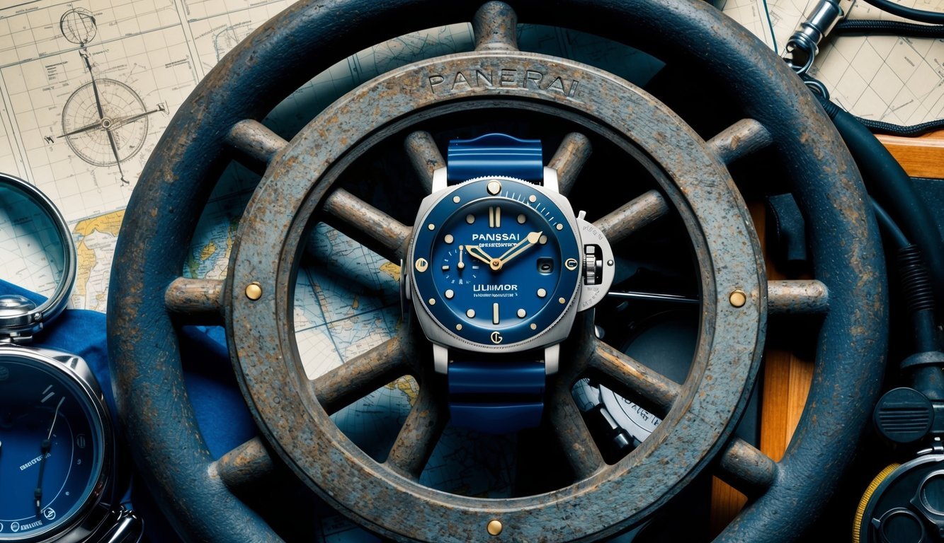 A Panerai Luminor Submersible watch rests on a weathered ship's wheel, surrounded by nautical charts and diving equipment