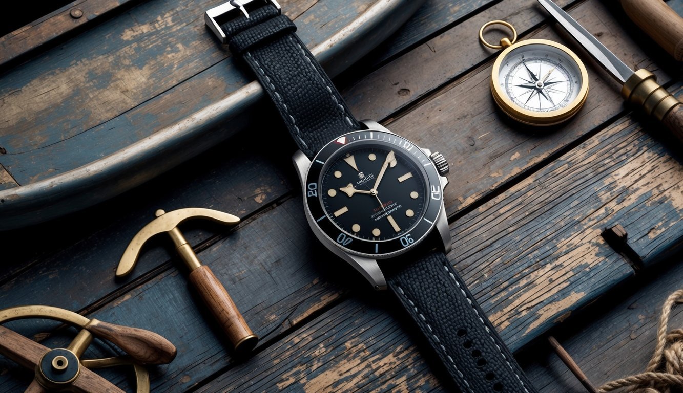 A rugged Tudor Black Bay watch lies on a weathered wooden deck, surrounded by nautical tools and a compass, evoking a sense of seafaring adventure