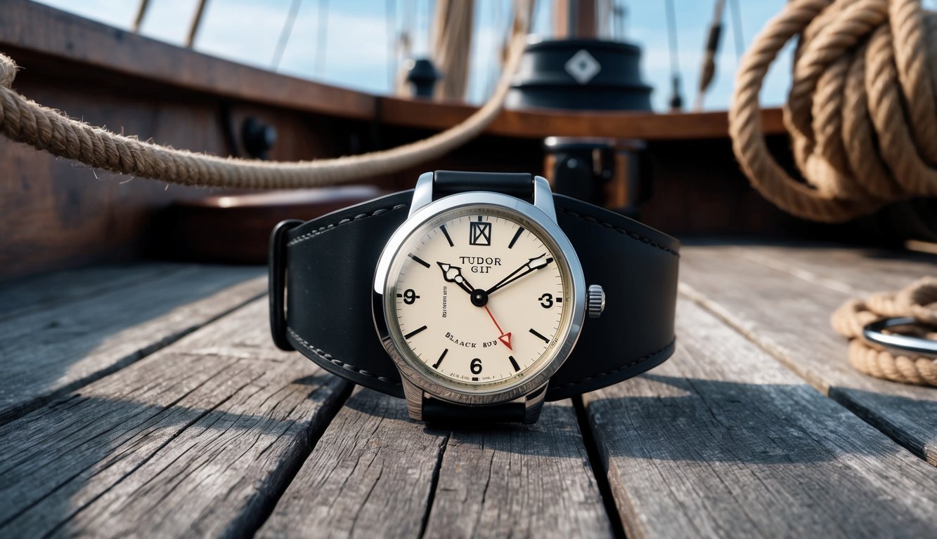 A Tudor Black Bay GMT watch placed on a weathered wooden deck with sailing ropes and nautical equipment in the background