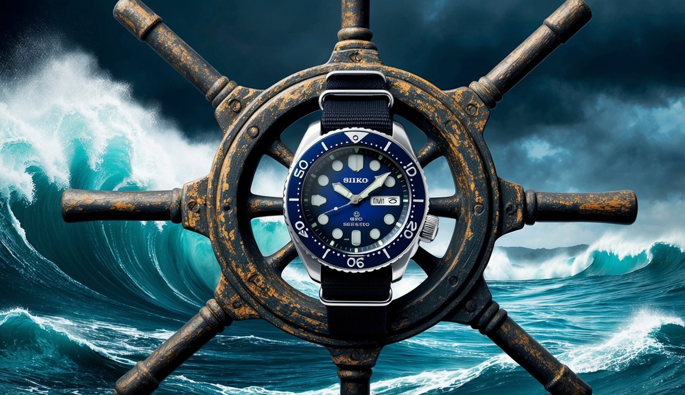 A rugged Seiko Prospex Diver watch strapped to a weathered ship's wheel, with crashing waves in the background