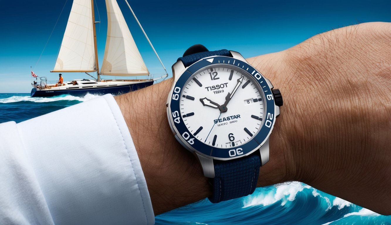 A Tissot Seastar 1000 watch on a sailor's wrist, with a sailboat and ocean waves in the background