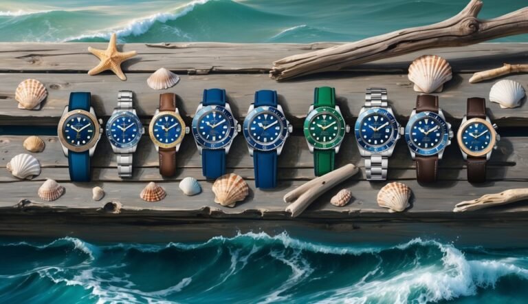 Collection of watches with blue faces, seashells, and driftwood on a pier