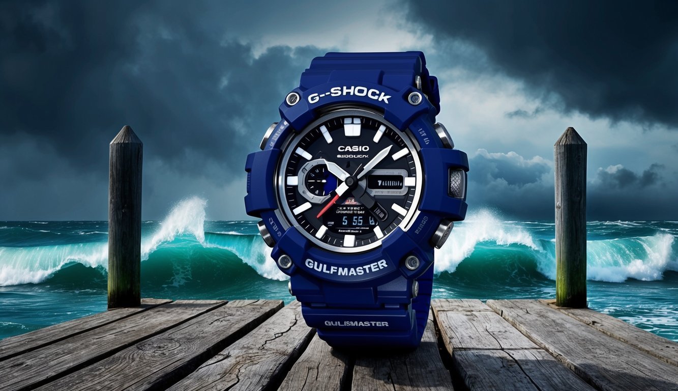 A rugged Casio G-Shock Gulfmaster watch sits on a weathered wooden dock, with crashing waves and a stormy sky in the background