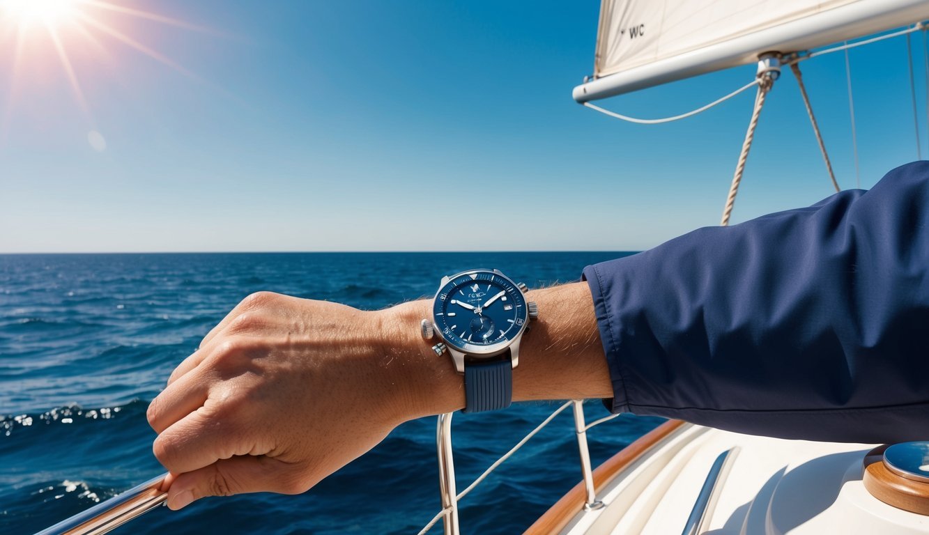 A bright, sunny day on a sailboat, with the IWC Aquatimer Chronograph prominently displayed on the wrist of a sailor navigating the open sea