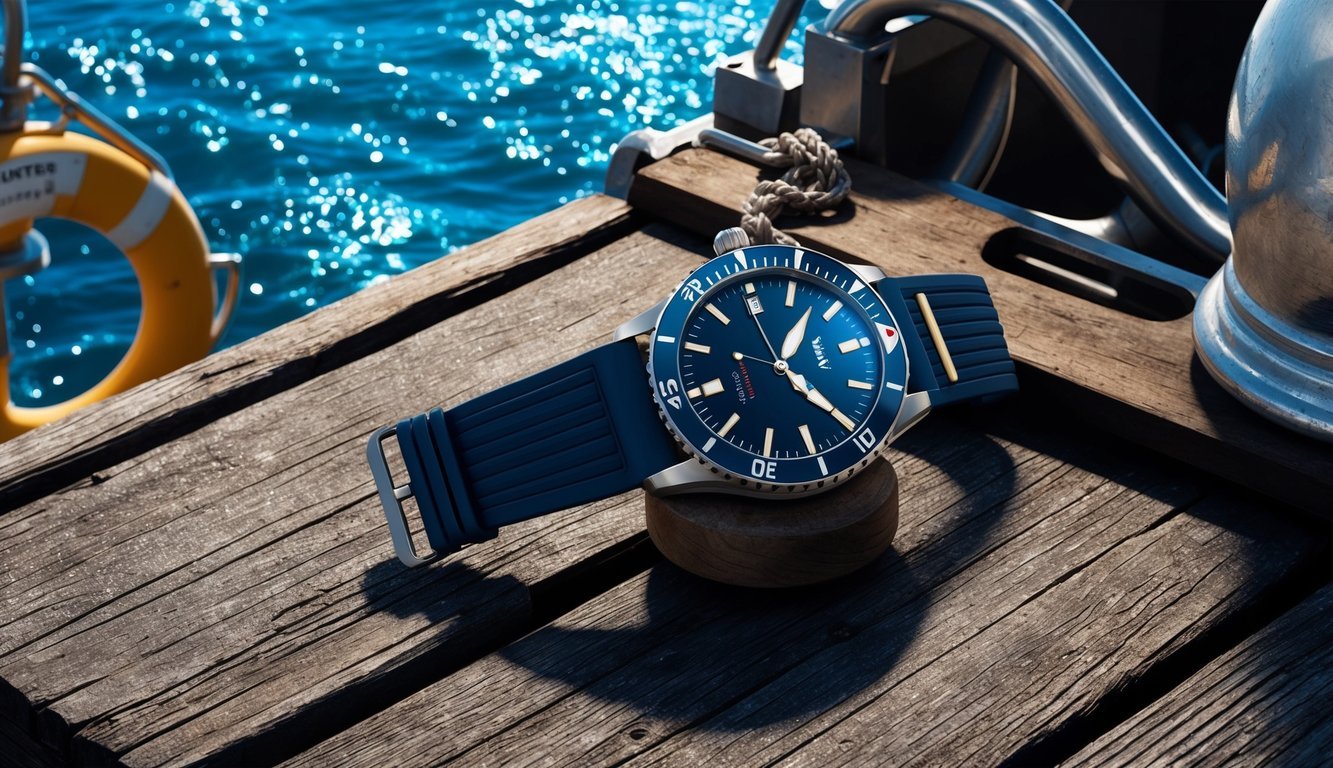 A rugged IWC Aquatimer watch rests on a weathered wooden dock, surrounded by nautical equipment and the sparkling blue sea