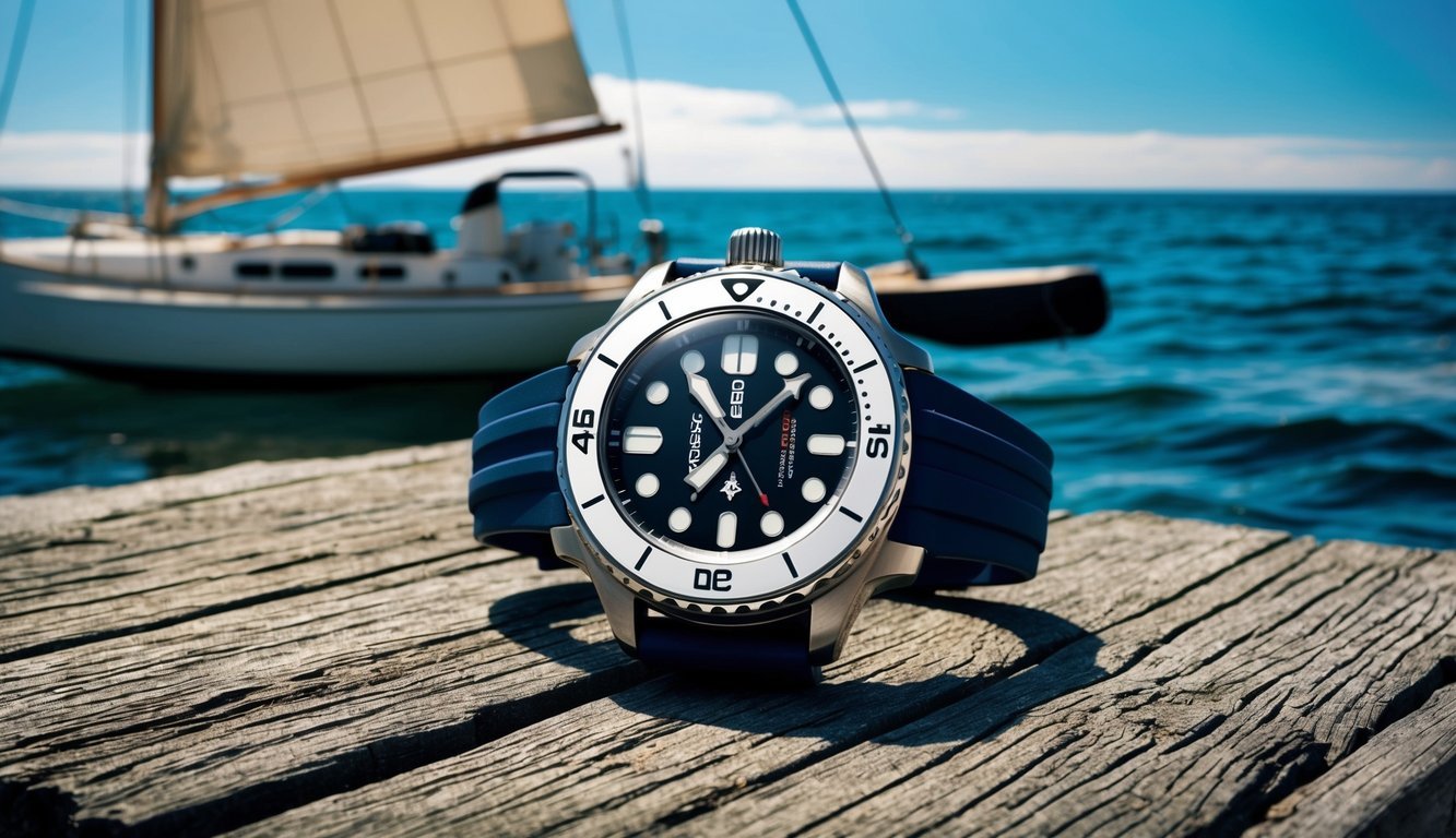 A Seiko Prospex Diver watch resting on a weathered wooden dock, with a sailboat and ocean waves in the background