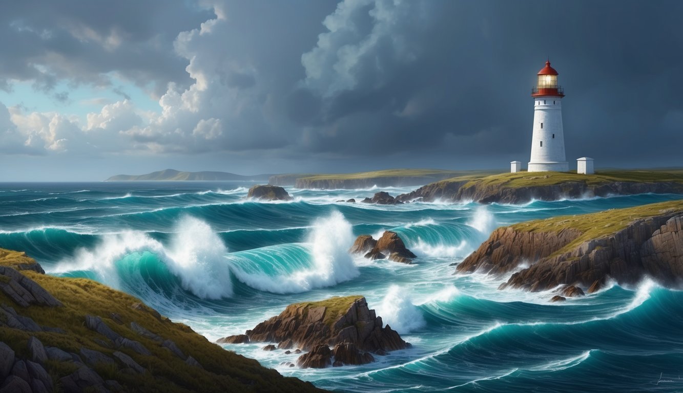 A rugged, oceanic landscape with crashing waves and a lone lighthouse against a stormy sky