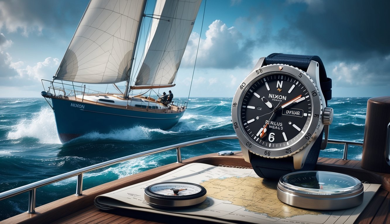 A rugged, ocean setting with a sailboat navigating through rough waters, with a compass and map on deck, and a Nixon Regulus Expedition watch prominently displayed