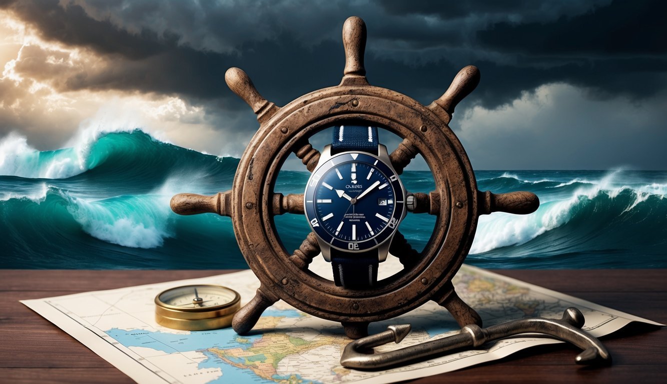A rugged nautical watch rests on a weathered ship's wheel, surrounded by a compass, map, and anchor.</p><p>The backdrop is a stormy sea with crashing waves and a dramatic sky