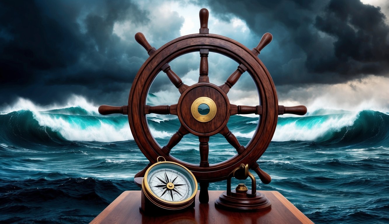 A rugged ship's wheel and compass set against a stormy sea with crashing waves and dark clouds overhead