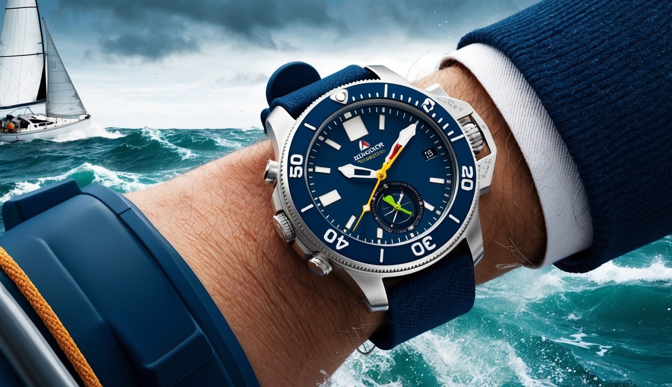 A rugged, waterproof watch with a large, easy-to-read dial, compass, and tide tracker, being worn by a sailor navigating choppy waters