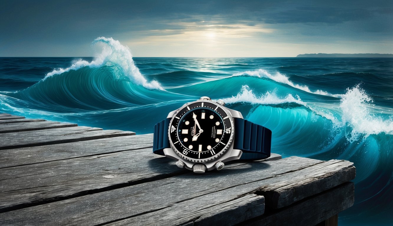 A rugged, deep-sea diver's watch rests on a weathered wooden dock, surrounded by swirling ocean waves and a distant horizon