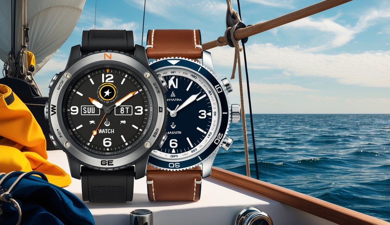 A rugged digital watch with compass and GPS next to a classic analog timepiece with nautical symbols, set against a backdrop of sailing gear and a sea horizon