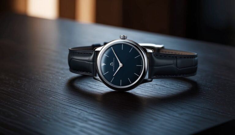 Elegant wristwatch with a dark blue face and black leather band on wood