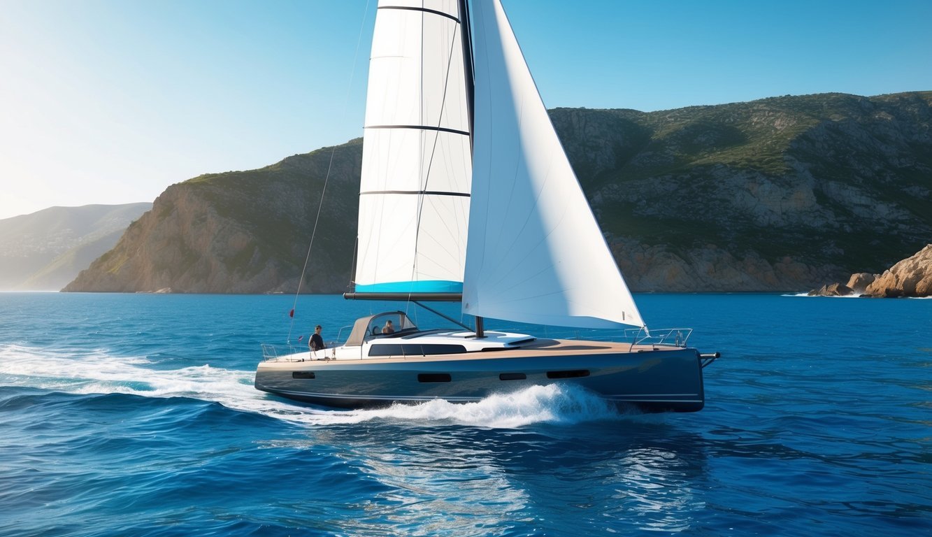 A sleek sailboat glides across sparkling blue waters, with a rugged coastline in the background and a clear sky above