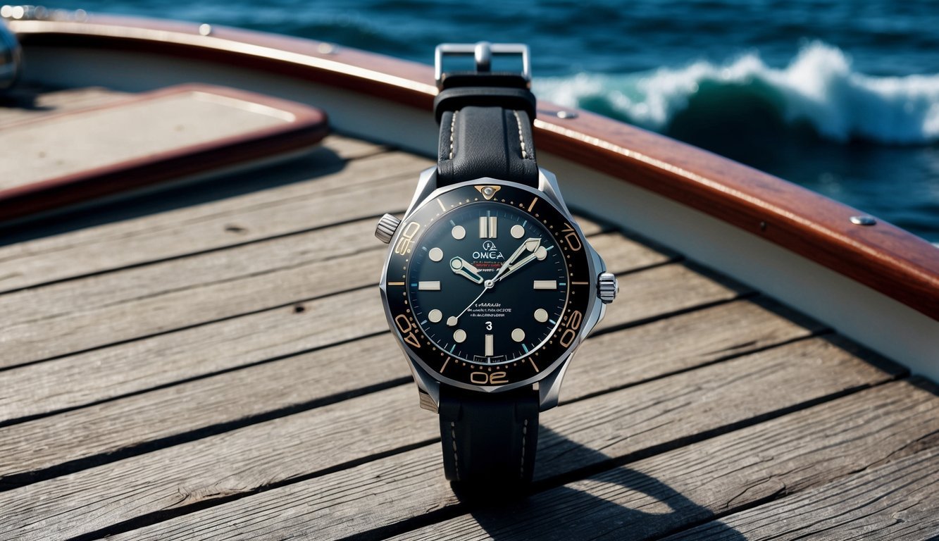 A rugged Omega Seamaster Diver 300M watch on a weathered wooden boat deck with ocean waves in the background