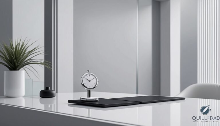 Minimalist office desk with clock, plant, and black accessories