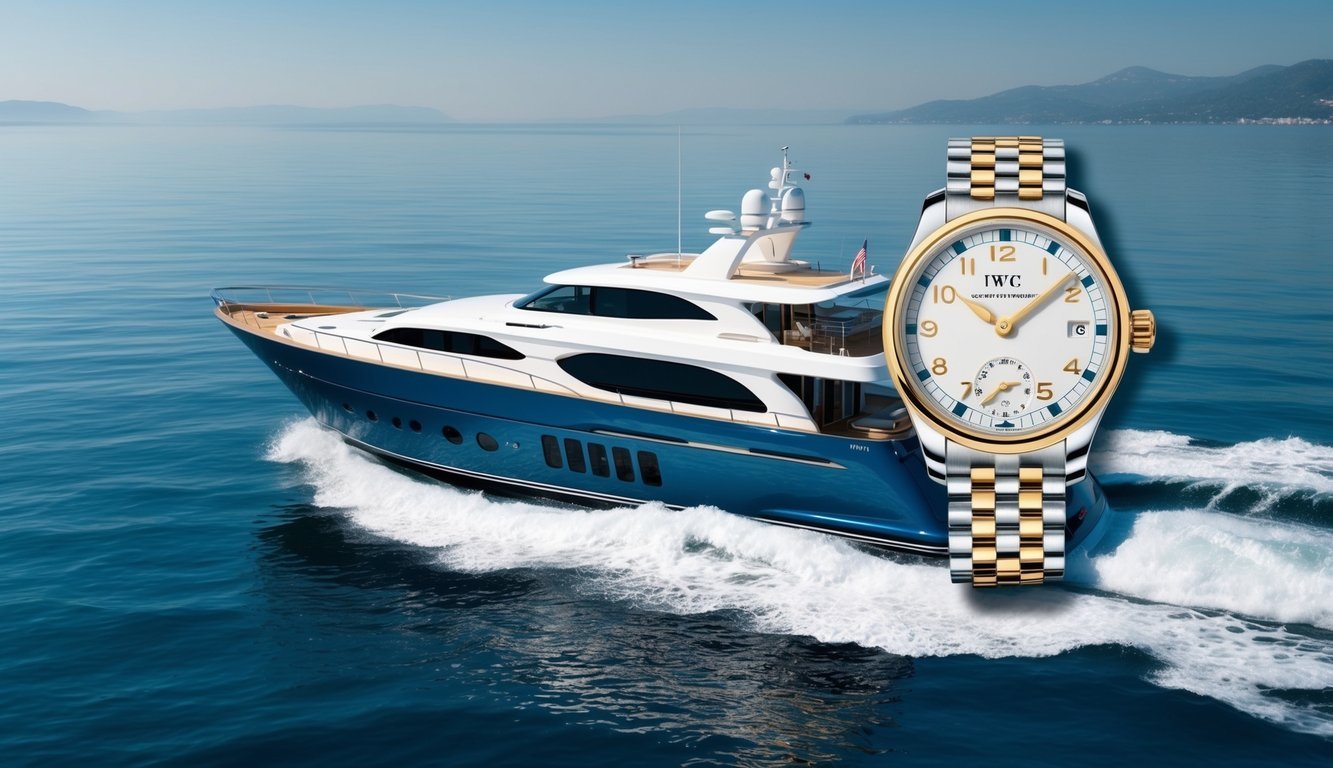 A luxurious yacht sailing on calm, blue waters with the IWC Schaffhausen Portugieser Yacht Club watch prominently displayed on the captain's wrist