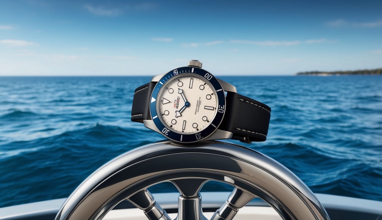 A Tudor Pelagos FXD watch resting on a boat's helm, with the ocean and clear sky in the background