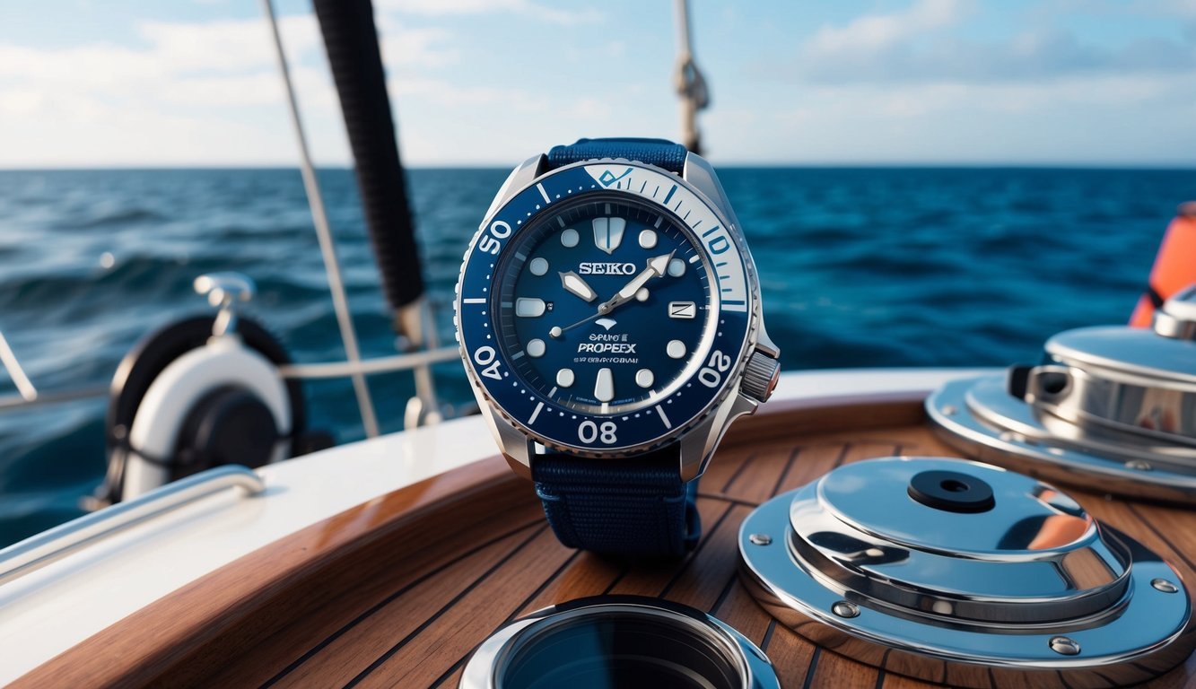 A Seiko Prospex SRPD29 "Save the Ocean" watch sits on a boat deck, with the ocean in the background and marine equipment nearby