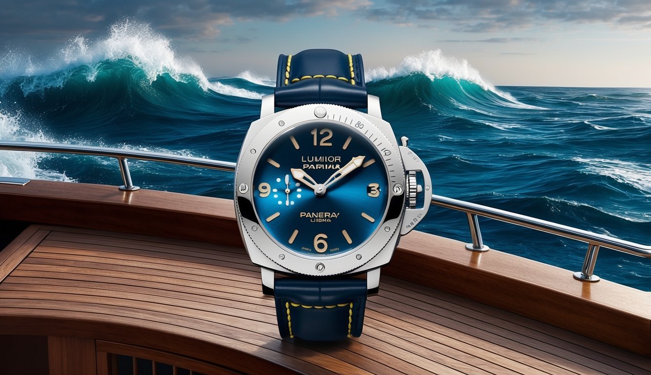 A Panerai Luminor Marina watch on a boat deck with ocean waves in the background