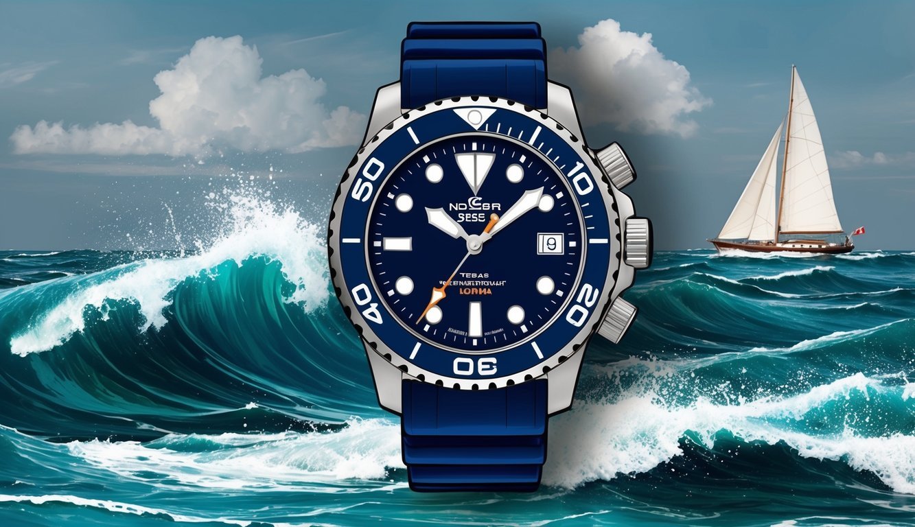 A rugged, water-resistant watch with a nautical theme, set against a backdrop of ocean waves and a boat sailing in the distance
