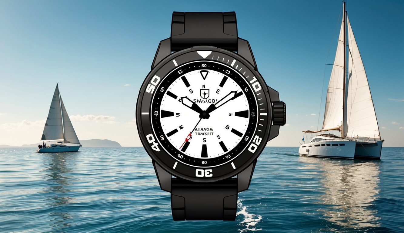 A rugged watch with a nautical compass and waterproof features, set against a backdrop of a calm ocean with a sailboat in the distance