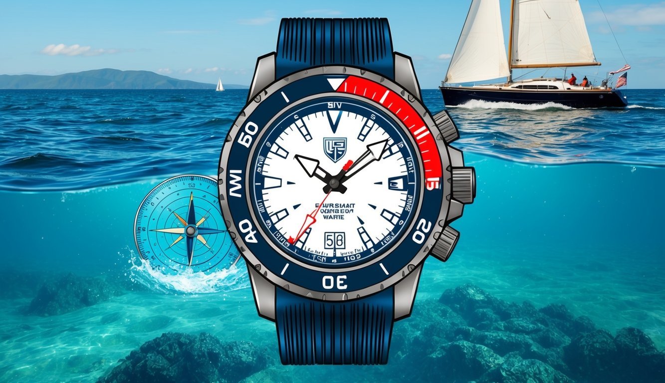 A rugged, water-resistant watch with a nautical compass and tide tracker, set against a backdrop of a serene ocean with a sailboat on the horizon