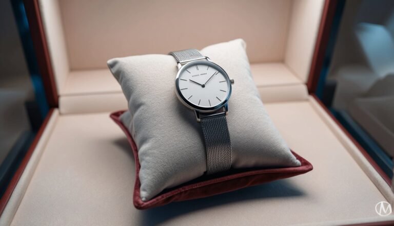 Silver wristwatch with white face on a pillow inside a display box